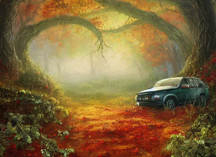 Image similar to A painting of an overgrown car in a forest, vines coming down from the tall trees, autumn, rocky ground, digital art, trending on Artstation, immaculate scale, amazing composition, cartoon illustration