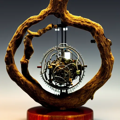 Prompt: photo of an intricate mechanical glass apple with gearbox and electronics and cybernetics inside growing off a tree branch. very detailed, 8 k, fantasy horror, award winning - w 7 0 4