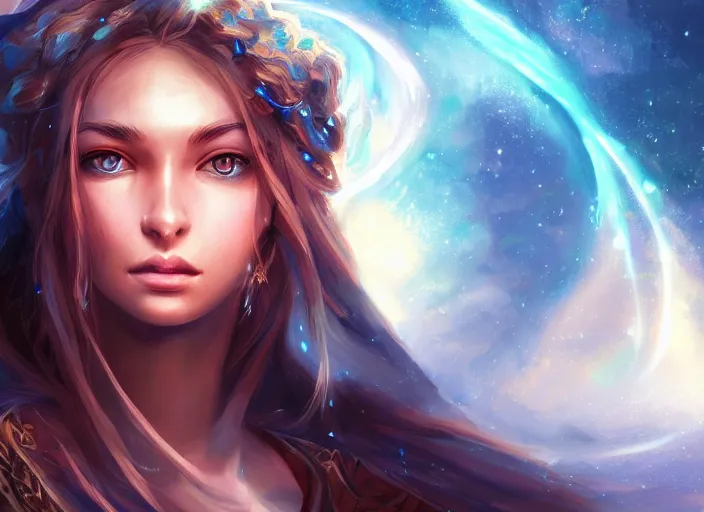 Image similar to highly detailed portrait of a beautiful celestial mage, dramatic light, artstation