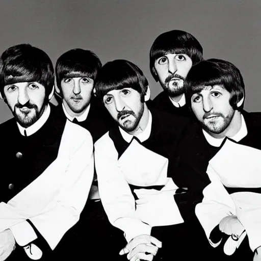 Prompt: ringo starr x 4, the ringles, the beatles but all members are ringo starr, 1 9 6 7 photograph