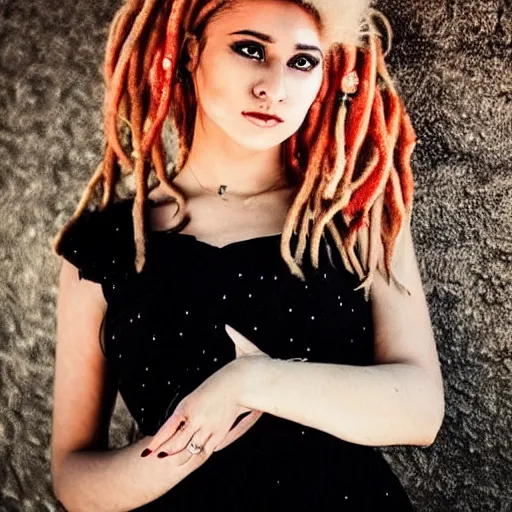 Image similar to instagram photography flawless beautiful female with blonde and red dreadlocks in a black ballgown, dark, piercing clear eyes, symmetrical golden ration exotic stoic expression, photorealistic, highly detailed, mysterious lighting, smooth, sharp focus, 8 0 mm camera