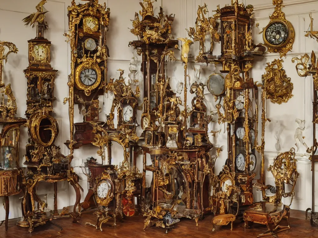 Image similar to antique clocks and giant exotic birds in a baroque salon of the imagination