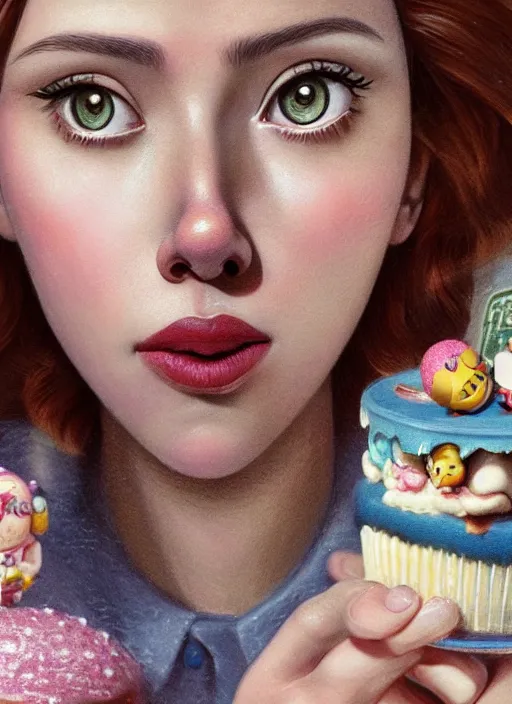 Image similar to closeup portrait of tin toy scarlett johansson eating cakes, depth of field, zeiss lens, detailed, symmetrical, centered, fashion photoshoot, by nicoletta ceccoli, mark ryden, lostfish, earl nore, hyung tae, frank frazetta, breathtaking, 8 k resolution, extremely detailed, beautiful, establishing shot, artistic, hyperrealistic, octane render