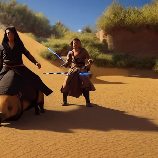 Image similar to female jedi riding a giant capybara into battle unreal 5, hyperrealistic, realistic, photorealistic, dynamic lighting