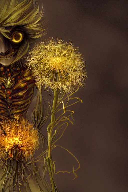 Prompt: a humanoid figure dandelion plant monster, amber eyes, highly detailed, digital art, sharp focus, ambient lighting, glowing, full body, trending on art station, anime art style