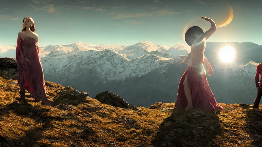 Image similar to eclipse at sunrise on a mountaintop, distant glowing figures, crystalline masterpiece diamond incrustations, art by john collier, albert aublet, artem demura, alphonse mucha, sharper luminescent focus, nd 6, hdr, movie still, fully photorealistic, cinematic diffuse lighting, artstation, textless, sharp focus