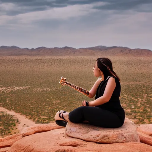 Image similar to a female playing flute whilst sitting on a rock in the desert. cinematic 8 k, depth of field, bokeh.