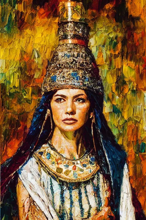 Prompt: highly detailed palette knife oil painting of a historically accurate depiction of the ancient biblical israeli queen Esther, thoughtful, by Peter Lindbergh, impressionistic brush strokes, painterly brushwork