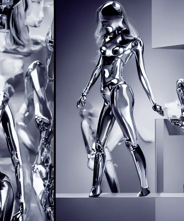 Prompt: tv displays victoria's secret model, a silver robot is touching the tv and robot's head is partially morphed into copy of the model's head, realistic, 4 k