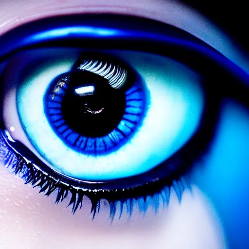 Image similar to macro photography of a hyper realistic stunning woman cyberpunk blue eye. black pupil, blue iris, natural skin no make up. studio shot, epic scale, insanely complex, hyper detailed, sharp focus, hyper realism, artstation, cgsociety, 8 k, unreal engine 5