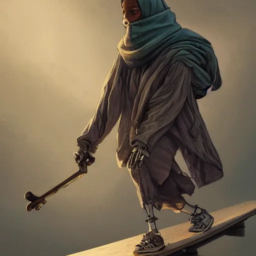 Image similar to a sad skeleton woman, wearing a baggy hoody, ridding a skateboard, historical, intricate, highly detailed, dynamic lighting, digital art, digital painting, artstation, wlop, sharp focus, illustration, art by artgerm and greg rutkowski and alphonse mucha