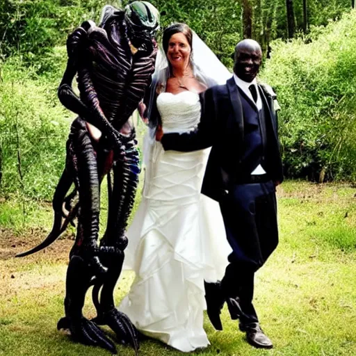 Prompt: wedding photography picture of a predator ( from the predator movies ) as the groom and a xenomorph alien as the bride in an outdoor wedding ceremony