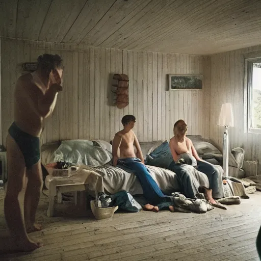 Image similar to summer'2 2, vacation at the baltic sea. people inside a summer home in the baltic, photo by gregory crewdson