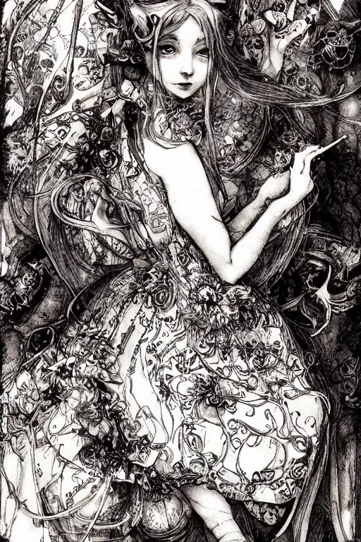 Image similar to Beautiful Alice in wonderland tarot card , pen and ink, intricate line drawings, by Yoshitaka Amano, Ruan Jia, Kentaro Miura, Artgerm, watercolor