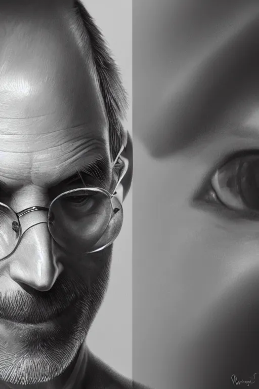 Image similar to ultra realistic illustration, steve jobs, apple, sci - fi, fantasy, intricate, highly detailed, digital painting, artstation, concept art, smooth, sharp focus, illustration, art by artgerm and drew struzan