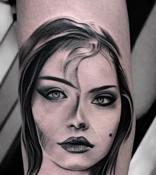 Image similar to tattoo design sketch of a beautiful woman face with a faded background of beautiful mountains and nature on her side, hyper - realistic, in the style of den yakovlev, amazing detail, black and white