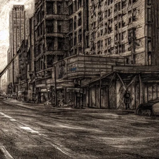 Prompt: a pencil sketch of a survivor in a post apocalyptic new york street, 4k, high detail, high-resolution photograph, professional photography, ultra-detail, sketch, drawing