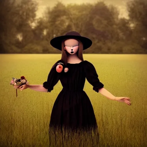 Prompt: a girl standing in a field, alone, wearing black dress and hat, doll in hand, detailed hands, by andrea kowch, dark, scene, magic realism, flowers