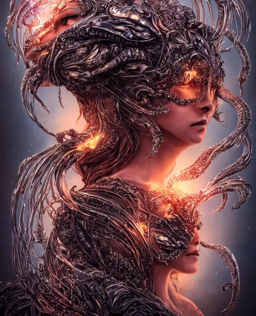 Image similar to close-up macro portrait of the face of a beautiful princess with animal skull mask, epic angle and pose, symmetrical artwork, 3d with depth of field, blurred background, cybernetic jellyfish female face skull phoenix bird, translucent, nautilus, energy flows of water and fire. a highly detailed epic cinematic concept art CG render. made in Maya, Blender and Photoshop, octane render, excellent composition, cinematic dystopian brutalist atmosphere, dynamic dramatic cinematic lighting, aesthetic, very inspirational, arthouse. y Greg Rutkowski, Ilya Kuvshinov, WLOP, Stanley Artgerm Lau, Ruan Jia and Fenghua Zhong