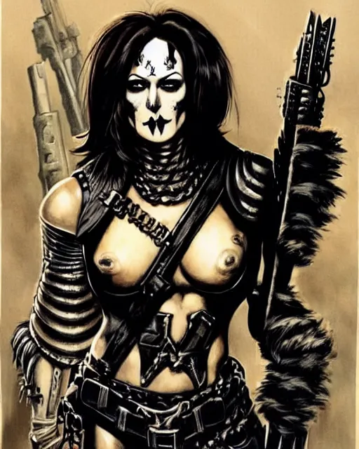 Prompt: portrait of kamala harris as a skinny punk goth soldier wearing armor by simon bisley, john blance, frank frazetta, fantasy, barbarian