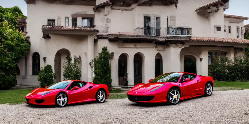 Image similar to a stunning photograph of a ferrari in front of a beautiful house with a girl next to the car singing, car lights on, 8 k, natural lighting
