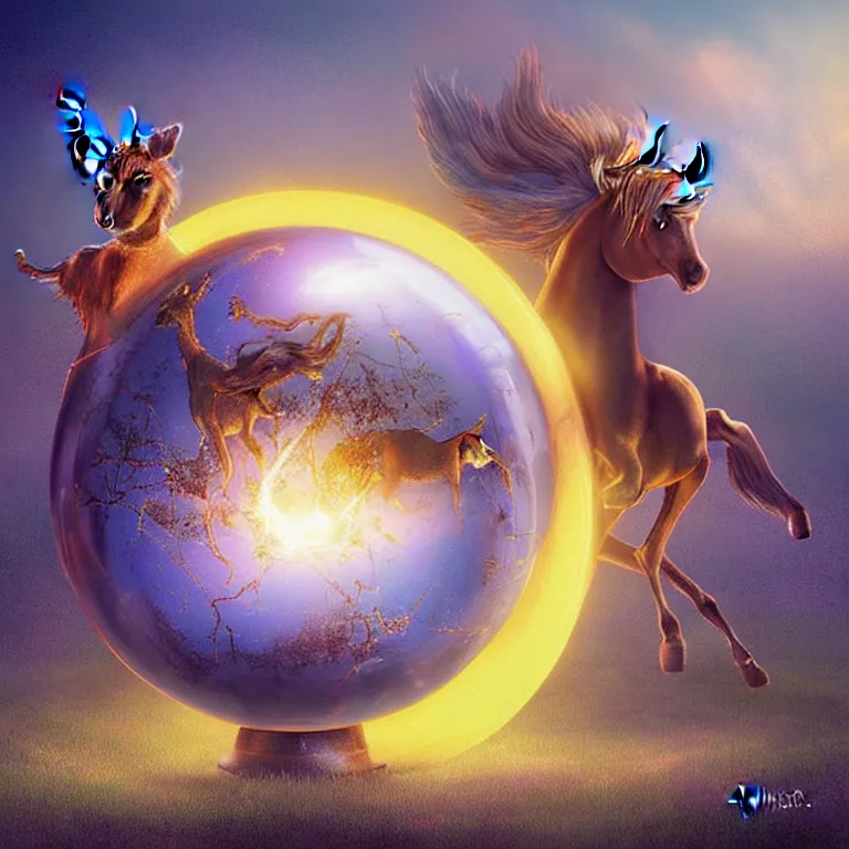 Prompt: A unicorn is trapped inside a magical glowing sphere. The sphere is in midair, held aloft by sinister rusting steel pincers. A hellish burnt landscape is in the background. Digital art, in a dark fantasy style by Anne Stokes