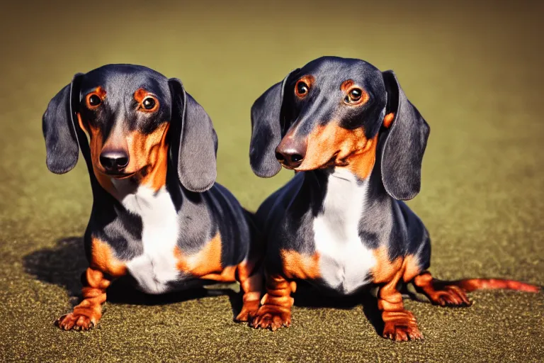 Image similar to Photo of a two-headed dachshund, portrait, 3/4 view, Refined, Detailed professional photo, 50mm lens, Canon eos, blurry distant background, Highly Detailed, Cinematic Lighting, 8k