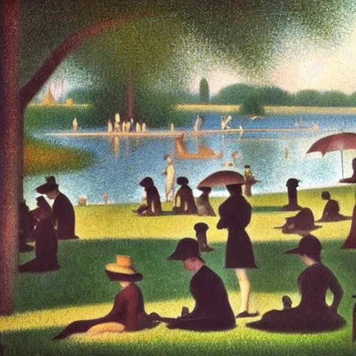 Image similar to summer, zoo, victorian, lake, group, people, beautiful, Georges Seurat