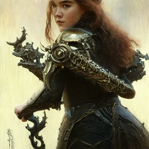 Image similar to young florence pugh, wearing dark black ornamented medieval armour, detailed, by gaston bussiere, bayard wu, greg rutkowski, giger, maxim verehin, greg rutkowski, masterpiece, sharp focus,