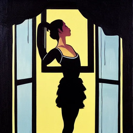 Prompt: artwork painting of a ballet dancer in a black tutu standing in front of a window with perfect blue sky by jack vettriano h 6 4 0