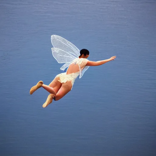 Image similar to flying fairy with wings timidly tipping toe into the center of a lake