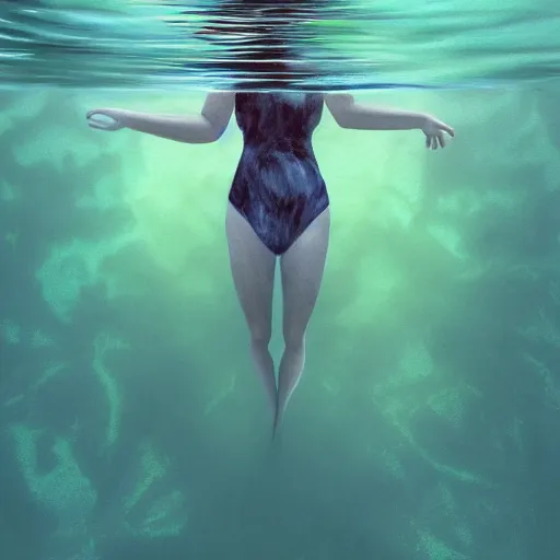 Image similar to A woman submerged underwater, you can only see her face from an aerial view with lily pads surrounding her as her hand reaches out to you, artistic digital art, very opaque, gloomy style, oil paints and pastel highlights, trending on artstation, artstationHD, artstationHQ, 4k, 8k