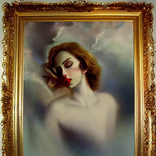 Image similar to liquid marble acrylic paint from victorian era of beautiful model face sleeping in white velvet curtains, god rays, magic hour, surreal