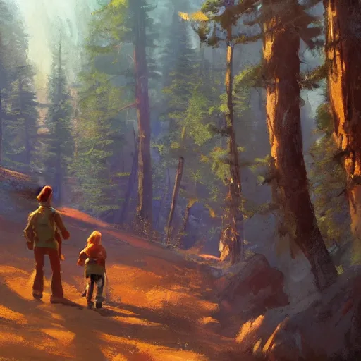 Prompt: Hiking in the pines. by Craig mullins, Steve Purcell, Ralph McQuarrie. Trending on artstation. Centered image, no background