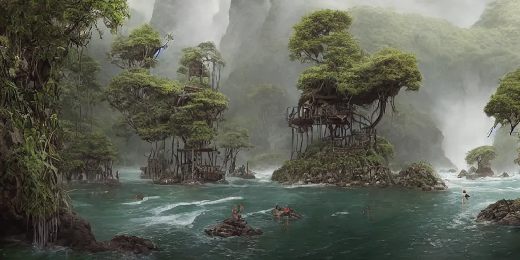 Image similar to jungle rainforest cliffs with treehouse village. tiered catwalks and rope bridges. wooden cabins. foggy valley and mountains fading into the distance, at sunset. waterfalls. neverland. peter pan kids wearing war paint and headdresses, standing on the rope bridges. swimming in basalt lagoon. magic the gathering card art by greg rutkowski.