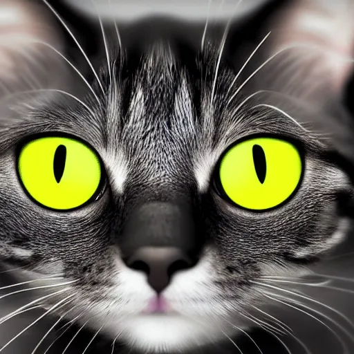 Image similar to a cat, glowing inferno eyes,black background, hyper realistic