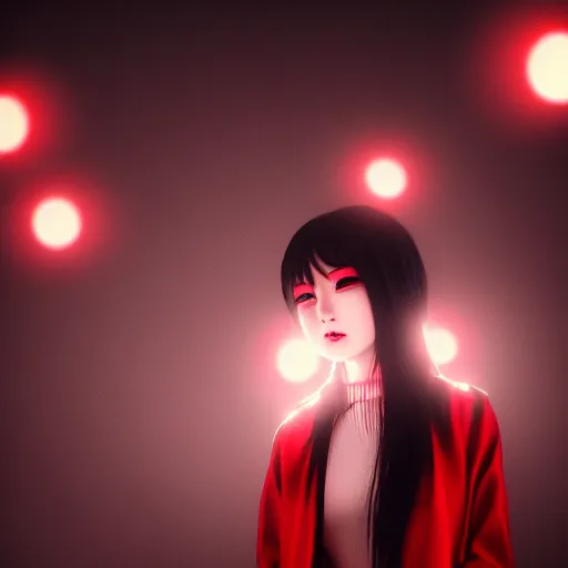 Image similar to photograph of an alternative japanese girl, dark red and white lights, anime influenced, hihgly detailed, hyper realistic, volumentric fog, raytracing