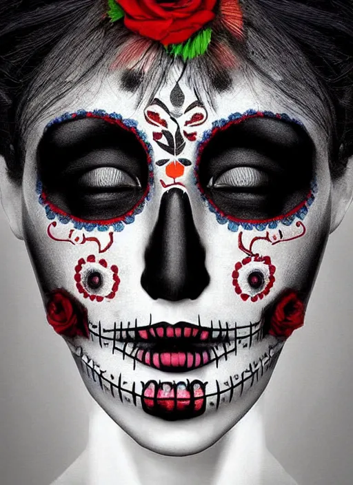 Image similar to dia de los muertos theme surrealist art in the styles of igor morski, jim warren, and aida muluneh, intricate, hyperrealistic, accurate facial details, profile picture with chromakey!!!!! background, volumetric lighting