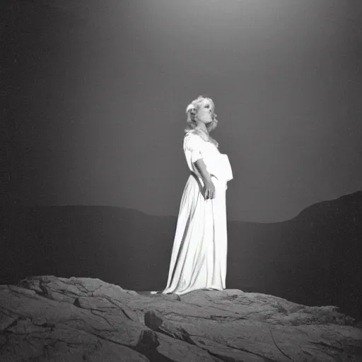 Prompt: photo, a woman in a giant flowing white dress standing in front of the projection of a vintage cowboy movie, standing inside a dark western rocky scenic landscape, volumetric lighting