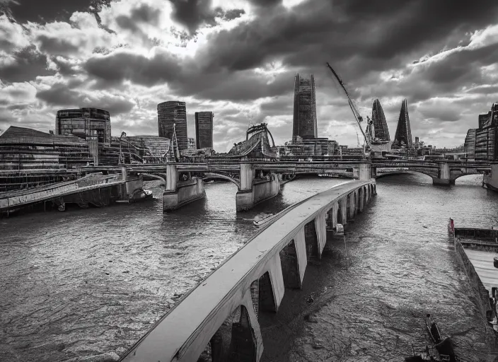 Prompt: A professional photograph of the London Bridge with the river Thames completely dried up, cyberpunk, futuristic, highly detailed, 4K, extreme detail, HDR