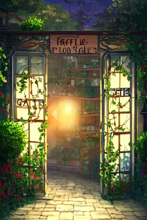 Image similar to a little flower shop's front gate, fresh, digital illustration, dramatic lighting, pixiv