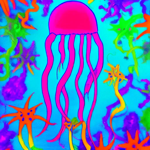 Image similar to jellyfish beach jungle red blue purple explosion