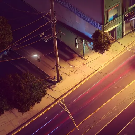 Prompt: A stunningly beautiful award-winning 8K high angle from 3rd floor cinematic movie photograph looking down diagonally across a spooky foggy empty lightless moonlit main street intersection in an abandoned 1950s small town at night. perfect composition, moody low key backlit. Color palette from Seven, greens yellows and reds. 2 point perspective. Octane render