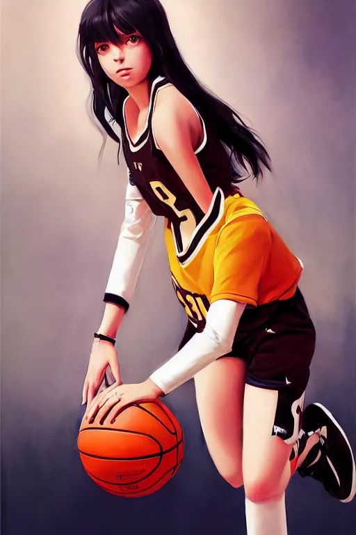 Image similar to A ultradetailed beautiful panting of a stylish girl wearing a basketball jersey, she is holding a basketball, Oil painting, by Ilya Kuvshinov, Greg Rutkowski and Makoto Shinkai