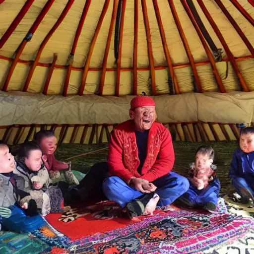 Prompt: abai qunanbaiuly telling stories to his childs in the yurt