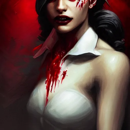 Prompt: portrait of vidhya balan upper body in bloody business suit, blood red eyes, vampire fangs, fantasy, intricate, elegant, highly detailed, digital painting, artstation, concept art, matte, sharp focus, illustration, art by aenaluck and roberto ferri and greg rutkowski, epic fantasy, digital painting