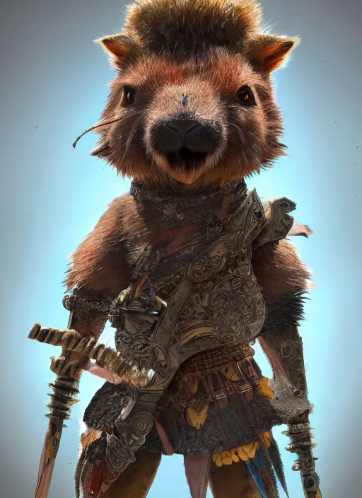 Prompt: detailed concept art illustration painting of an anthropomorphic capybara warrior in full intricate armor, Biomutant, ultra detailed, digital art, octane render, 4K