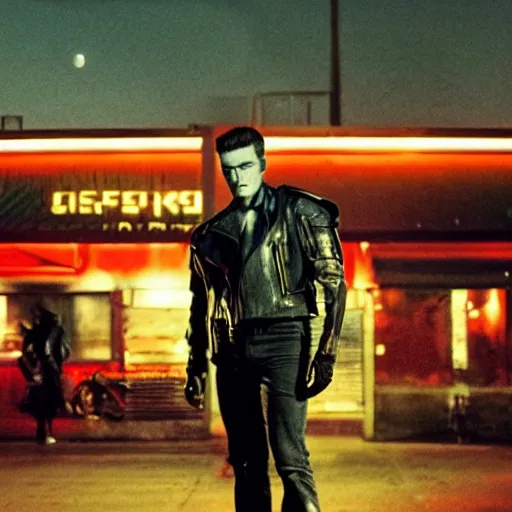 Prompt: An dramatic, iconic movie shot of an young man as the T-800 , outside an neon-lit cafe at night, with the moon out, detailed, ominous