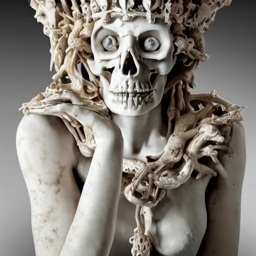 Image similar to a marble sculpture of the queen of bones, detailed face, crown of skulls, sitting on a throne of bones, by michaelangelo, high detail, hard lighting, 4 k