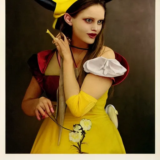 Image similar to elegant woman dressed up as pikachu, art photo by Annie Liebovitz and Alphonse Mucha